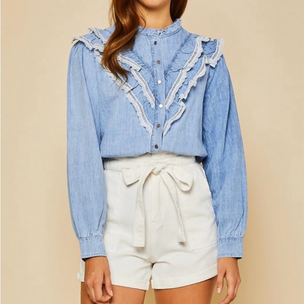 Denim Ruffle V Trim Puff Sleeve Button Down Shirt- New